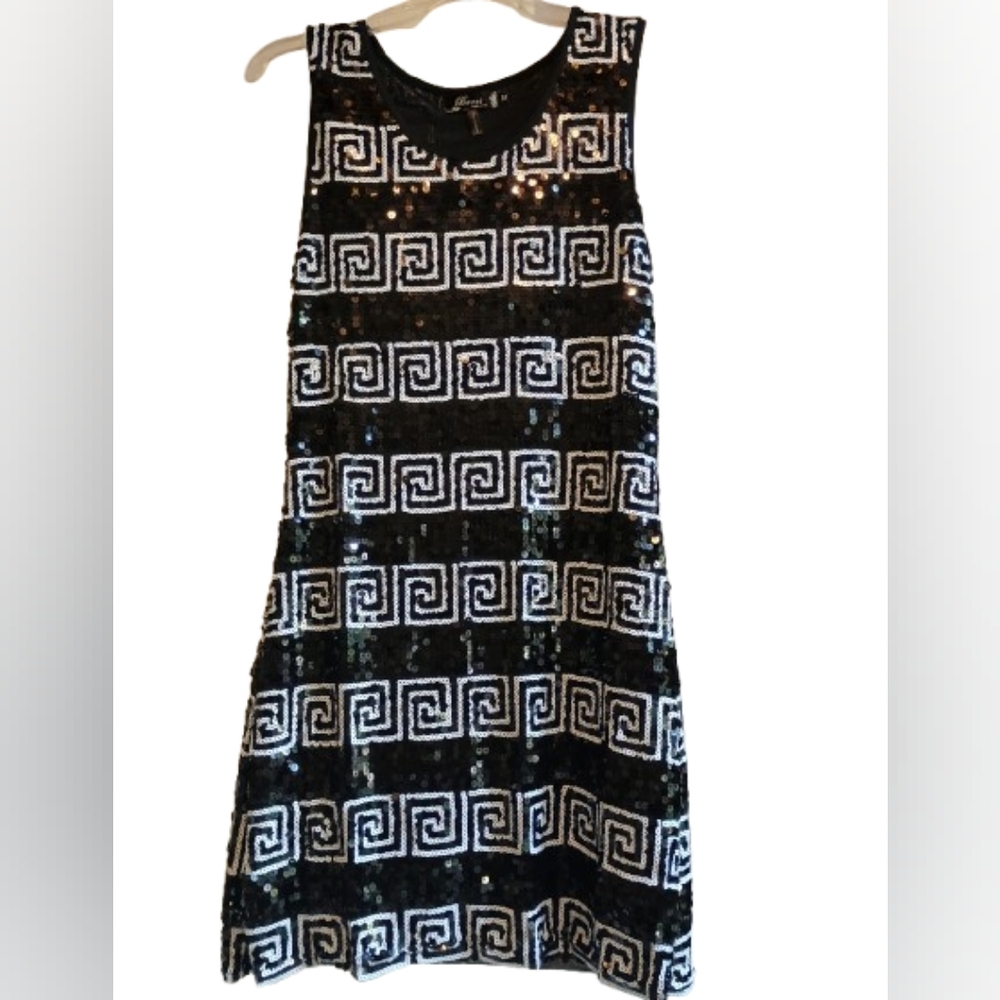 Bacci Medium Black Sequined Greek‎ Key Pattern Sleeveless Dress 35" Length
